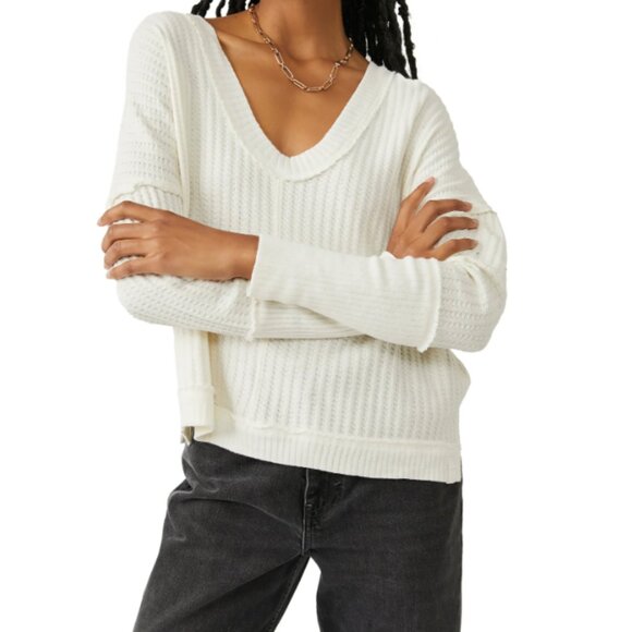 We The Free Tops - Free People New Magic Thermal Top Small Ivory Waffle Knit Long Sleeve Boho Cozy